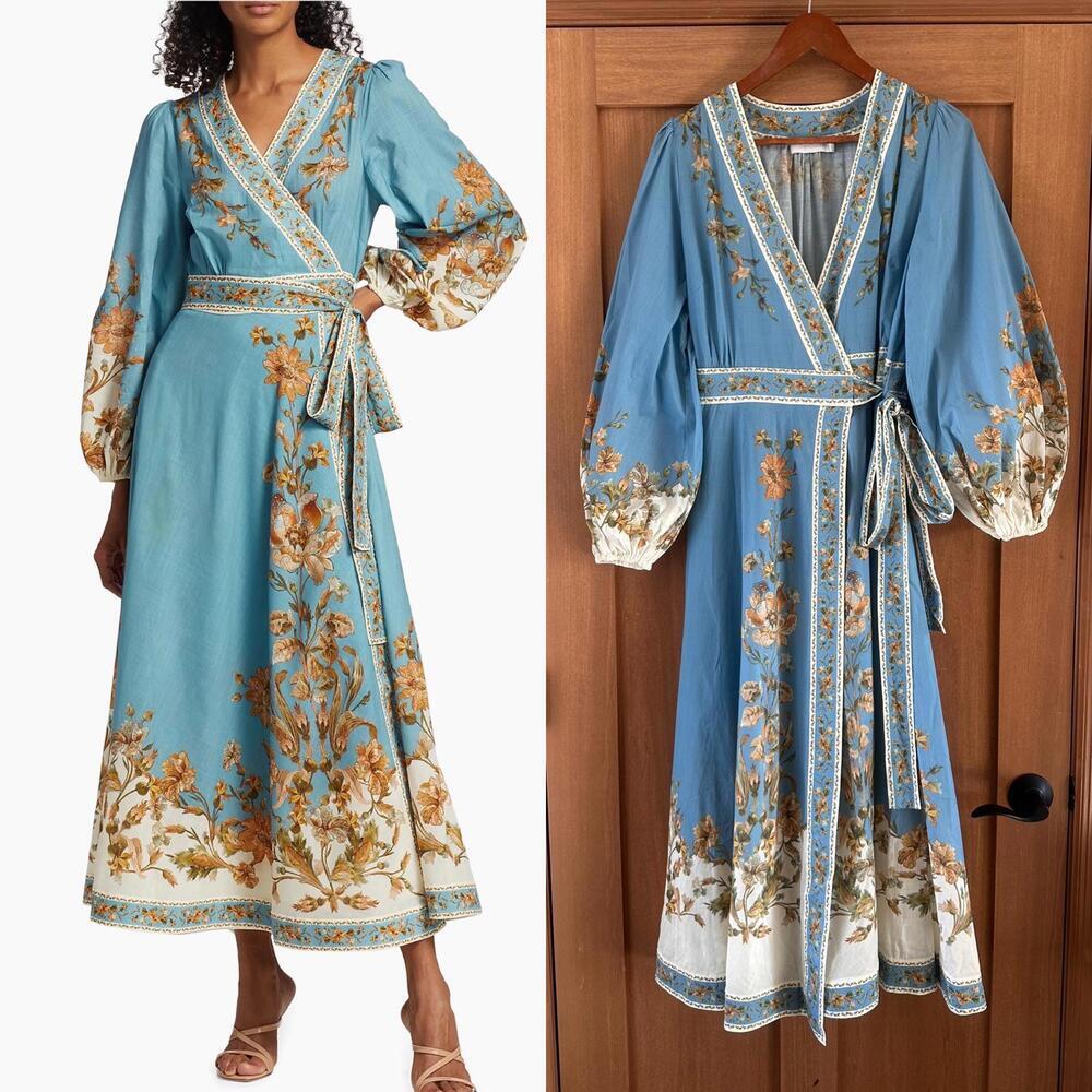 Zimmermann Chintz Cotton Wrap Midi-Dress Blue Daisy Floral Women’s sz 3 (US 10)